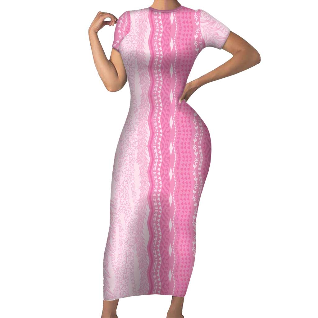 Vintage Pink Hawaiian Traditional Kapa Mix Flowers Lei Family Matching Short Sleeve Bodycon Dress and Hawaiian Shirt