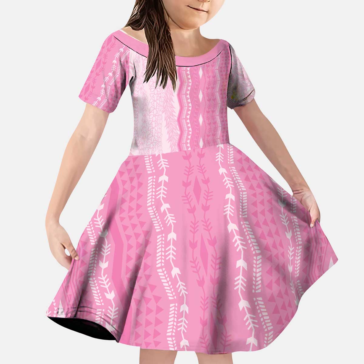Vintage Pink Hawaiian Traditional Kapa Mix Flowers Lei Kid Short Sleeve Dress LT7 KID Pink - Polynesian Pride