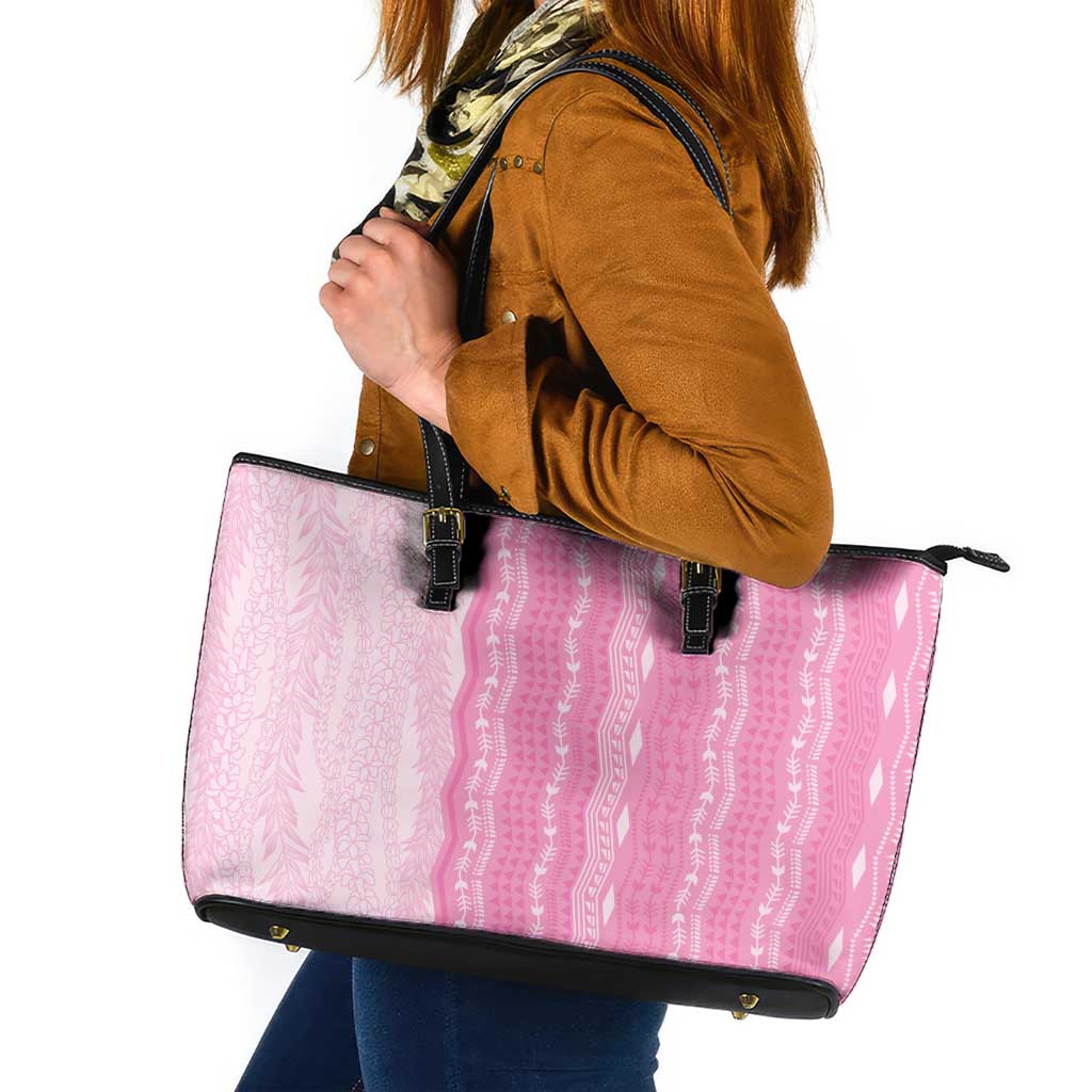 Vintage Pink Hawaiian Traditional Kapa Mix Flowers Lei Leather Tote Bag LT7 Pink - Polynesian Pride