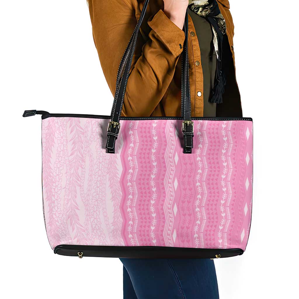 Vintage Pink Hawaiian Traditional Kapa Mix Flowers Lei Leather Tote Bag LT7 - Polynesian Pride
