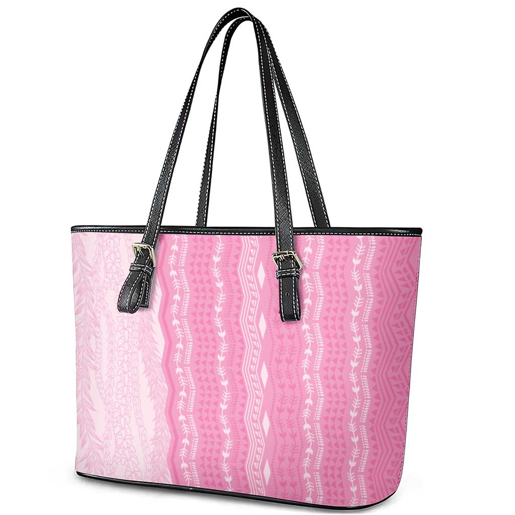 Vintage Pink Hawaiian Traditional Kapa Mix Flowers Lei Leather Tote Bag LT7 - Polynesian Pride