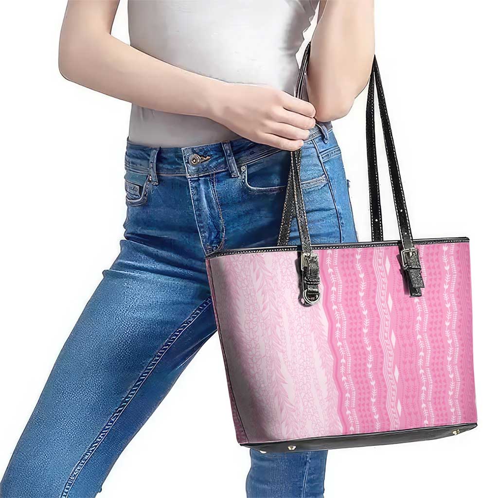 Vintage Pink Hawaiian Traditional Kapa Mix Flowers Lei Leather Tote Bag LT7 - Polynesian Pride