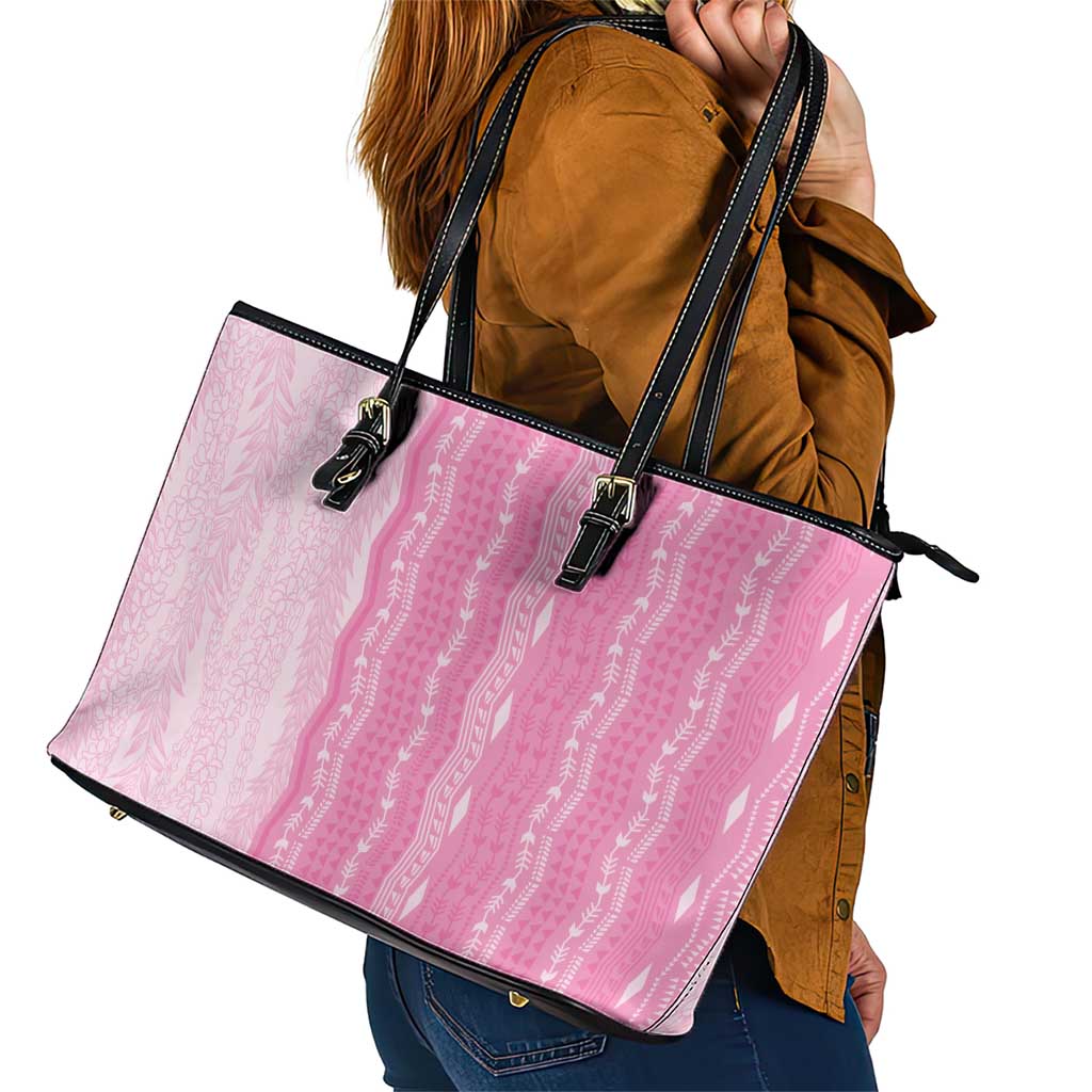 Vintage Pink Hawaiian Traditional Kapa Mix Flowers Lei Leather Tote Bag LT7 - Polynesian Pride