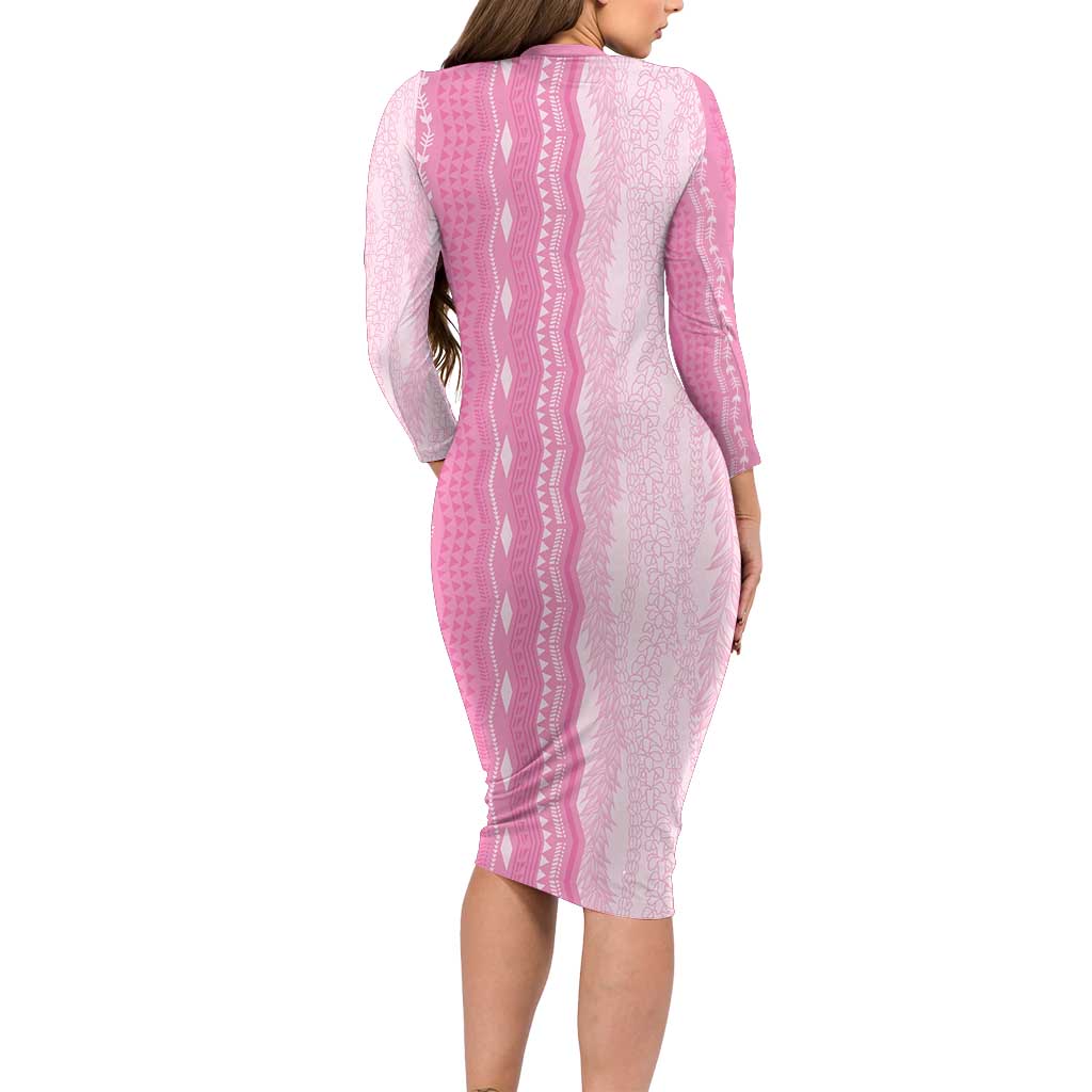 Vintage Pink Hawaiian Traditional Kapa Mix Flowers Lei Long Sleeve Bodycon Dress LT7 - Polynesian Pride