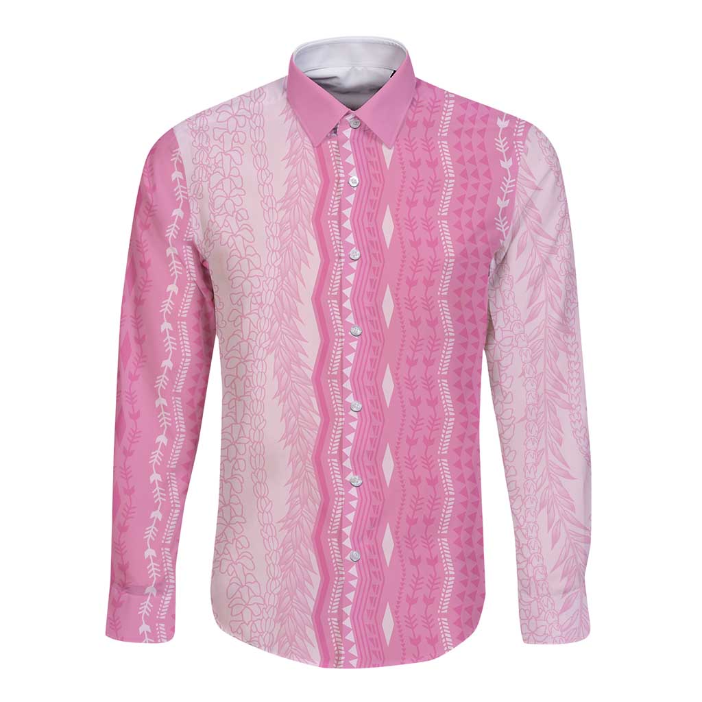 Vintage Pink Hawaiian Traditional Kapa Mix Flowers Lei Long Sleeve Button Shirt LT7 Unisex Pink - Polynesian Pride