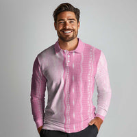 Vintage Pink Hawaiian Traditional Kapa Mix Flowers Lei Long Sleeve Polo Shirt LT7 - Polynesian Pride