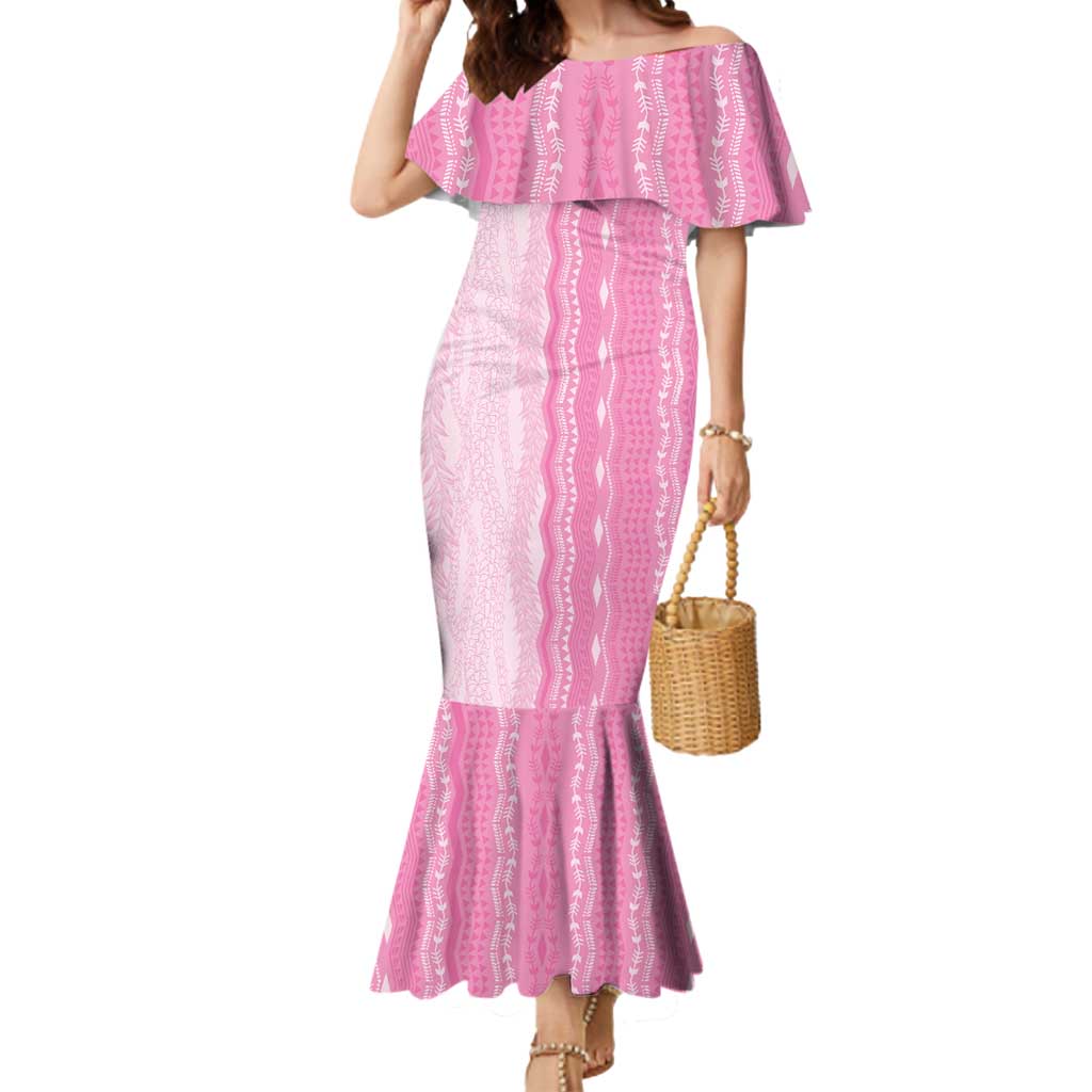 Vintage Pink Hawaiian Traditional Kapa Mix Flowers Lei Mermaid Dress LT7 Women Pink - Polynesian Pride
