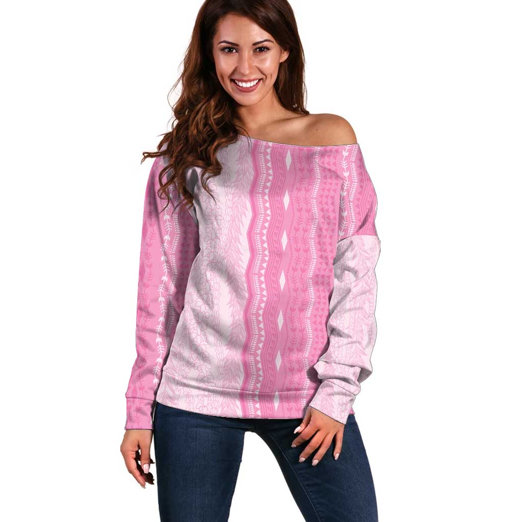 Vintage Pink Hawaiian Traditional Kapa Mix Flowers Lei Off Shoulder Sweater LT7 Women Pink - Polynesian Pride