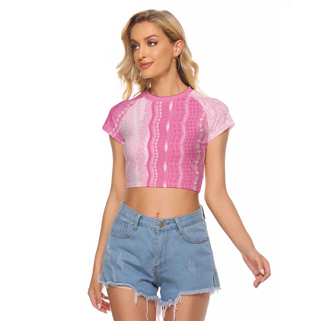 Vintage Pink Hawaiian Traditional Kapa Mix Flowers Lei Raglan Cropped T Shirt