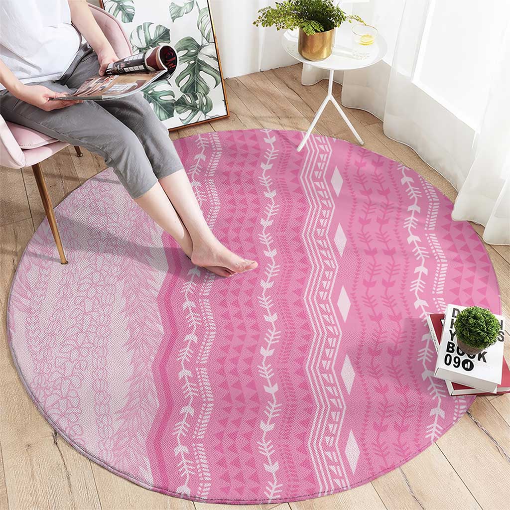 Vintage Pink Hawaiian Traditional Kapa Mix Flowers Lei Round Carpet LT7 - Polynesian Pride