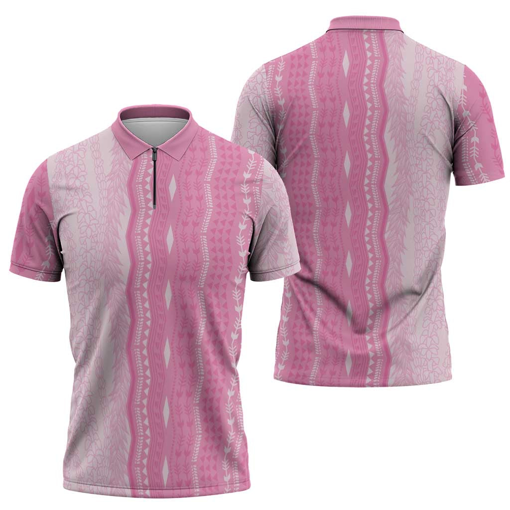 Vintage Pink Hawaiian Traditional Kapa Mix Flowers Lei Zipper Polo Shirt