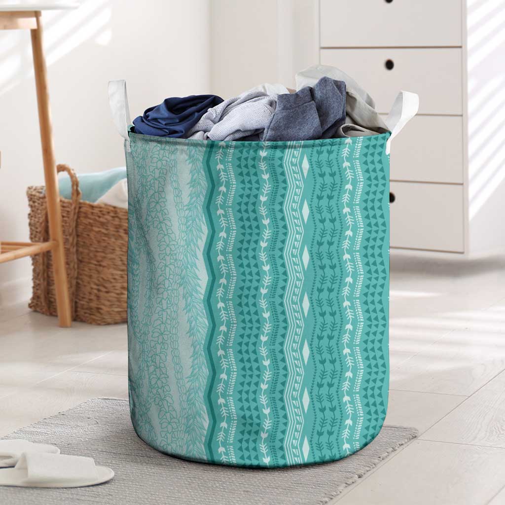 Vintage Teal Hawaiian Traditional Kapa Mix Flowers Lei Laundry Basket LT7 Teal - Polynesian Pride