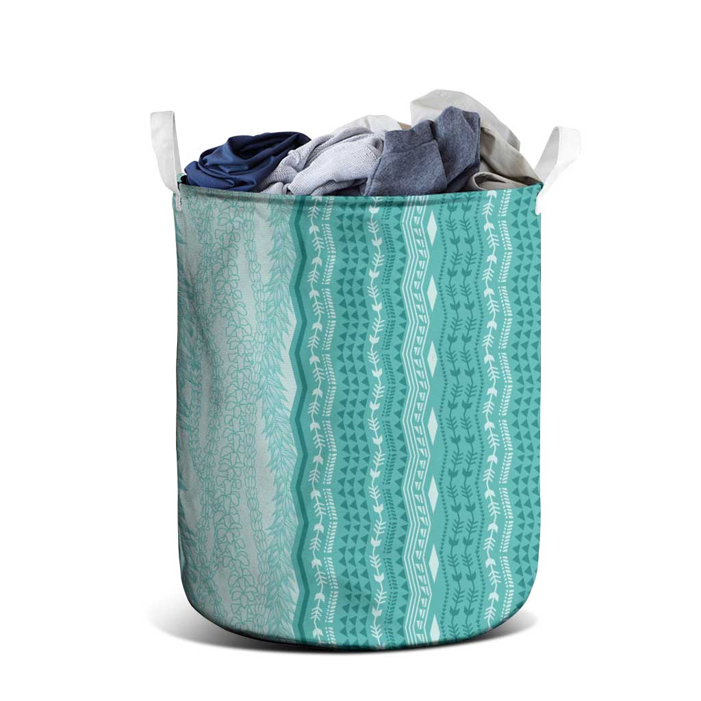 Vintage Teal Hawaiian Traditional Kapa Mix Flowers Lei Laundry Basket LT7 - Polynesian Pride