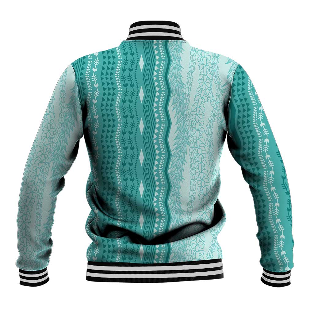 Vintage Teal Hawaiian Traditional Kapa Mix Flowers Lei Baseball Jacket LT7 - Polynesian Pride