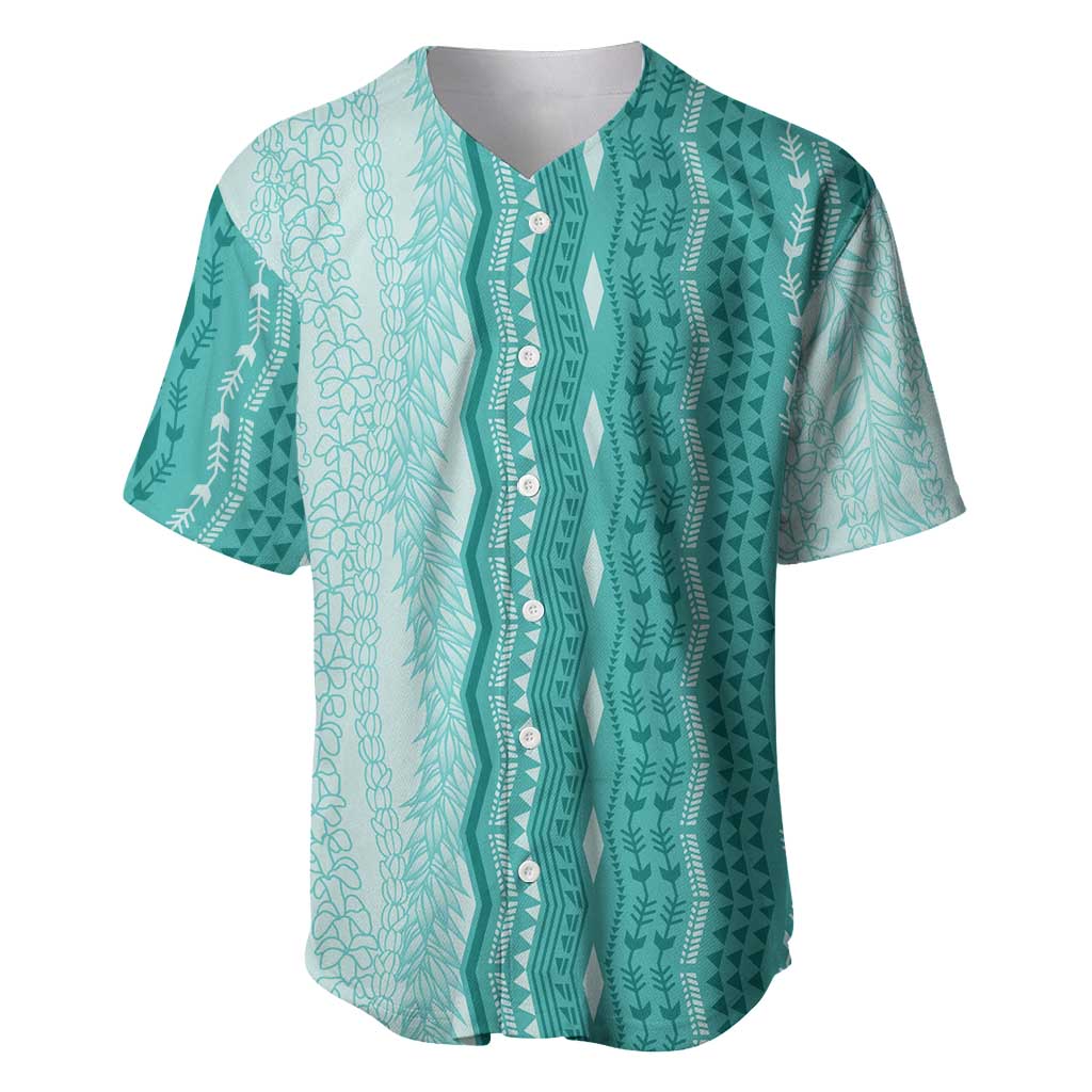 Vintage Teal Hawaiian Traditional Kapa Mix Flowers Lei Baseball Jersey LT7 Teal - Polynesian Pride