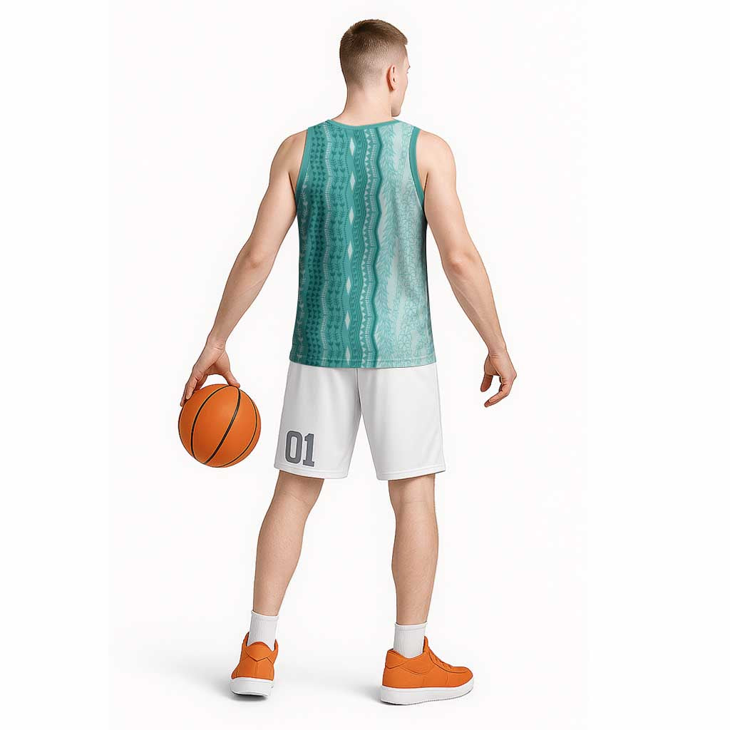 Vintage Teal Hawaiian Traditional Kapa Mix Flowers Lei Basketball Jersey LT7 - Polynesian Pride