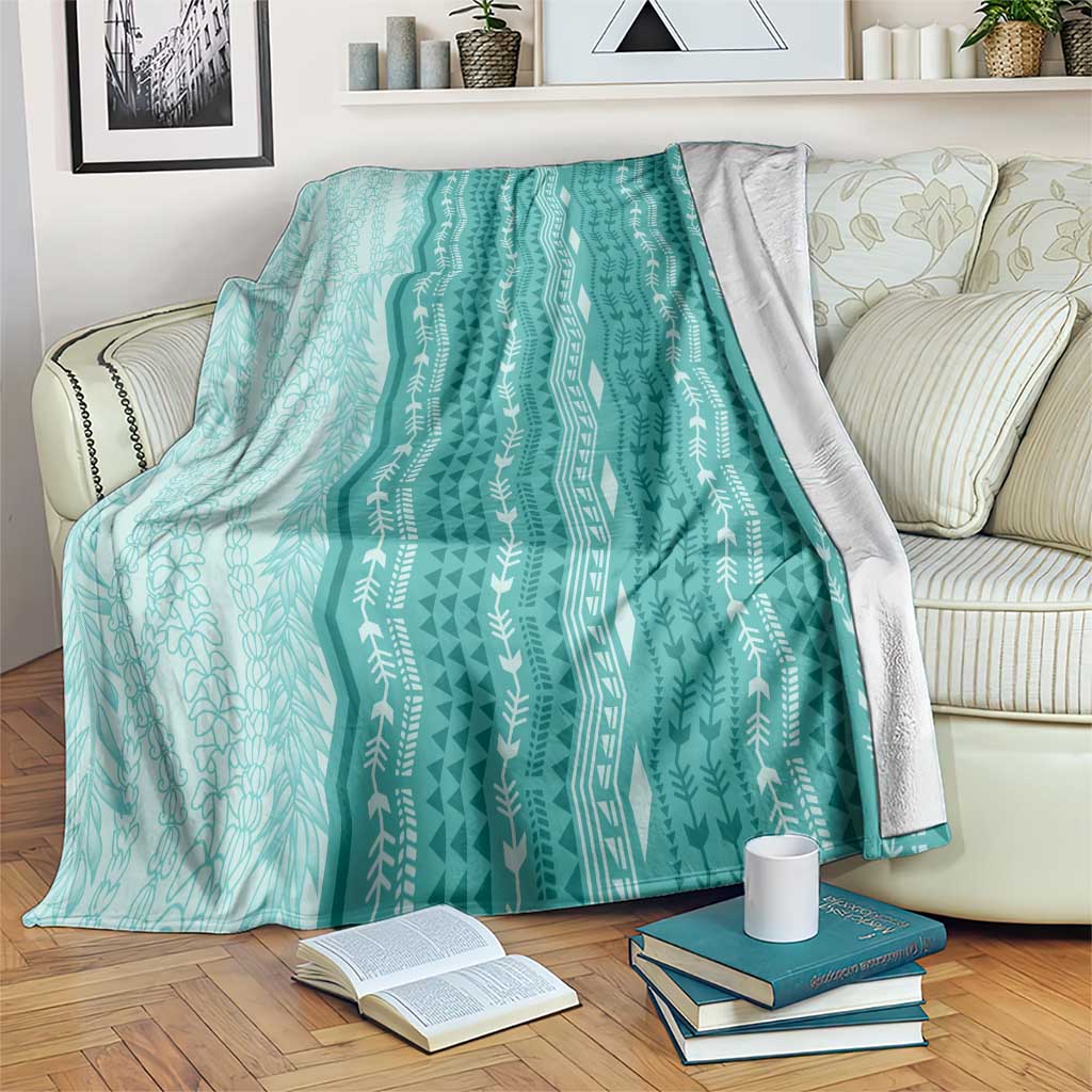 Vintage Teal Hawaiian Traditional Kapa Mix Flowers Lei Blanket LT7 Teal - Polynesian Pride