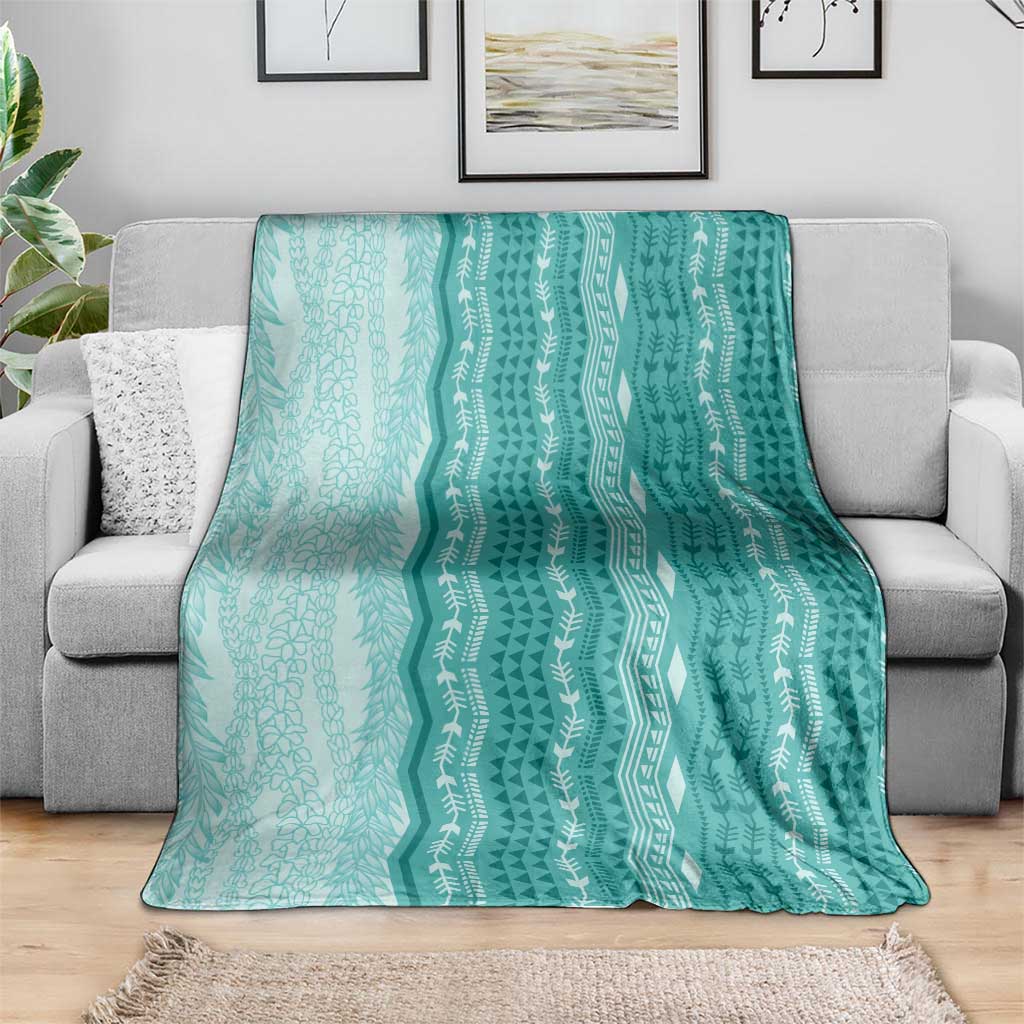 Vintage Teal Hawaiian Traditional Kapa Mix Flowers Lei Blanket LT7 - Polynesian Pride