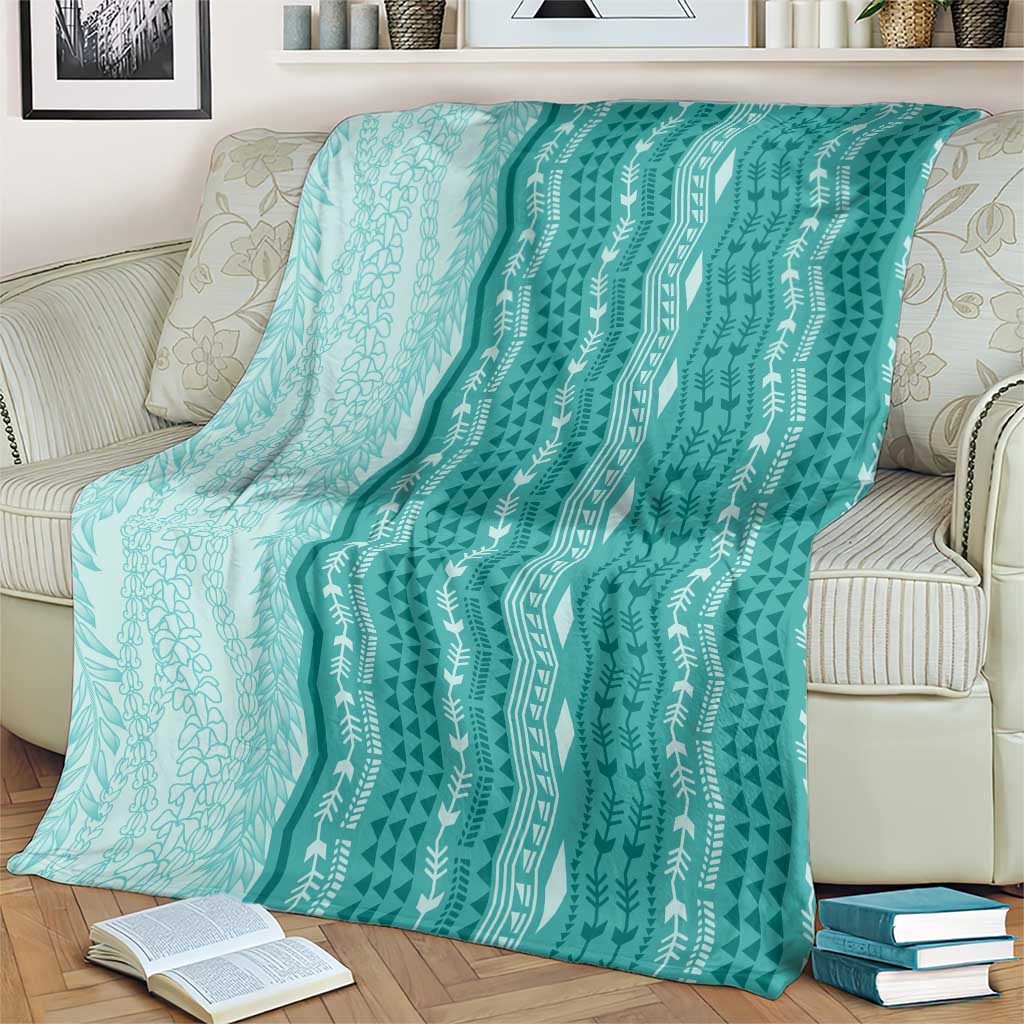 Vintage Teal Hawaiian Traditional Kapa Mix Flowers Lei Blanket LT7 - Polynesian Pride