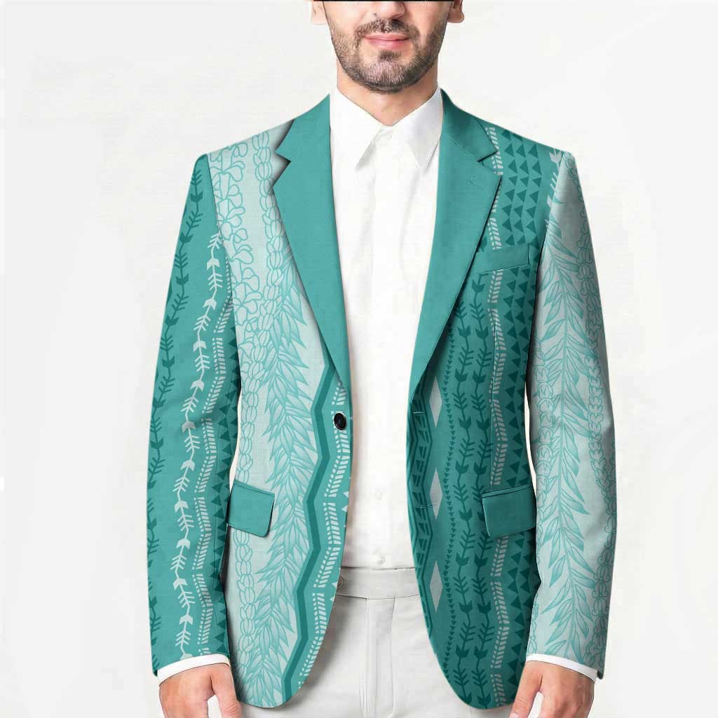 Vintage Teal Hawaiian Traditional Kapa Mix Flowers Lei Blazer LT7 - Polynesian Pride
