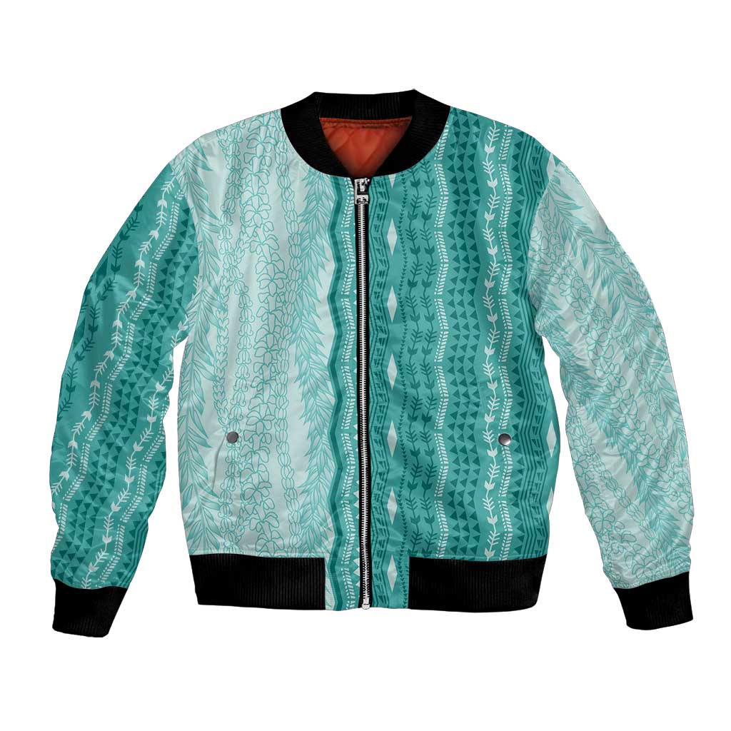 Vintage Teal Hawaiian Traditional Kapa Mix Flowers Lei Bomber Jacket LT7 Unisex Teal - Polynesian Pride
