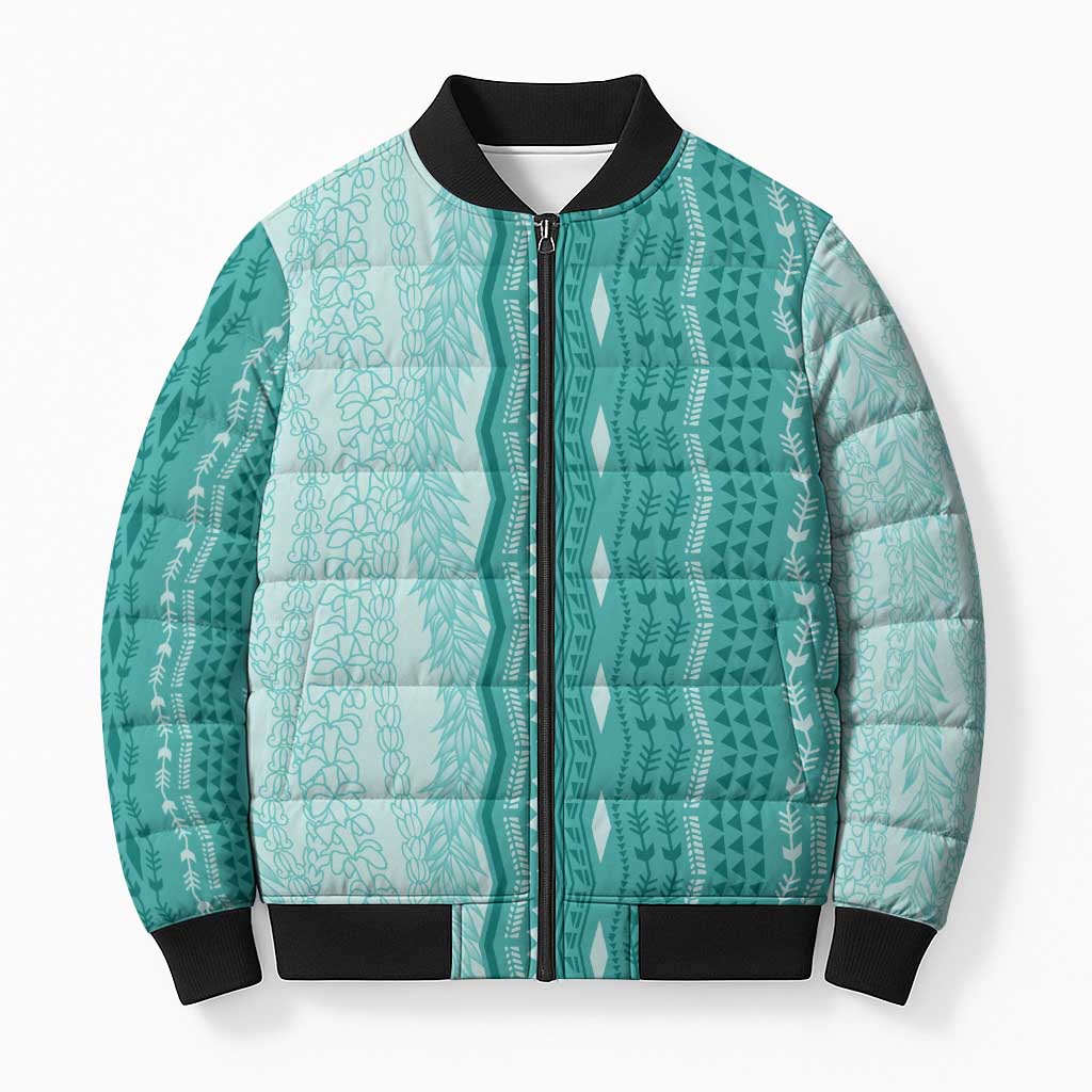 Vintage Teal Hawaiian Traditional Kapa Mix Flowers Lei Bomber Puffer Jacket LT7 Unisex Teal - Polynesian Pride