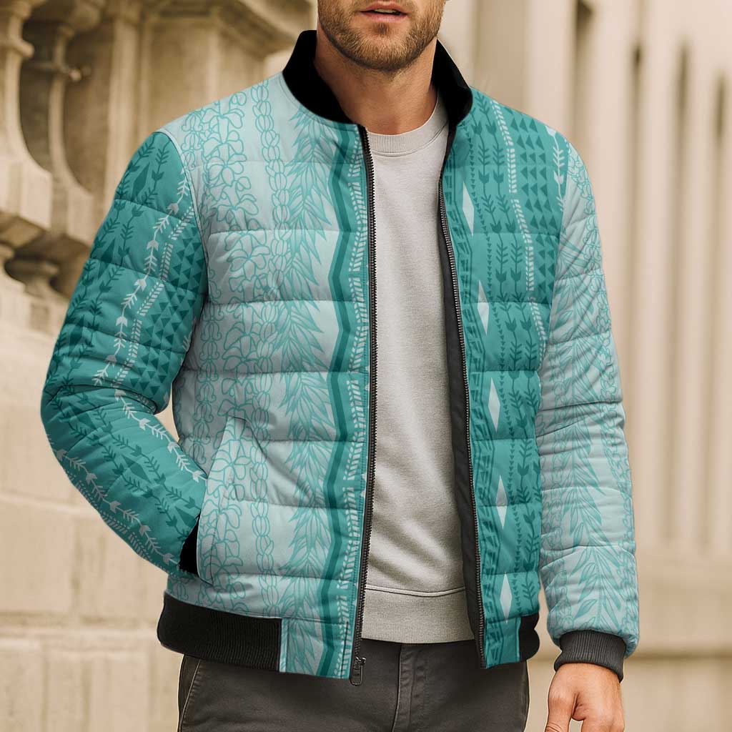 Vintage Teal Hawaiian Traditional Kapa Mix Flowers Lei Bomber Puffer Jacket LT7 - Polynesian Pride