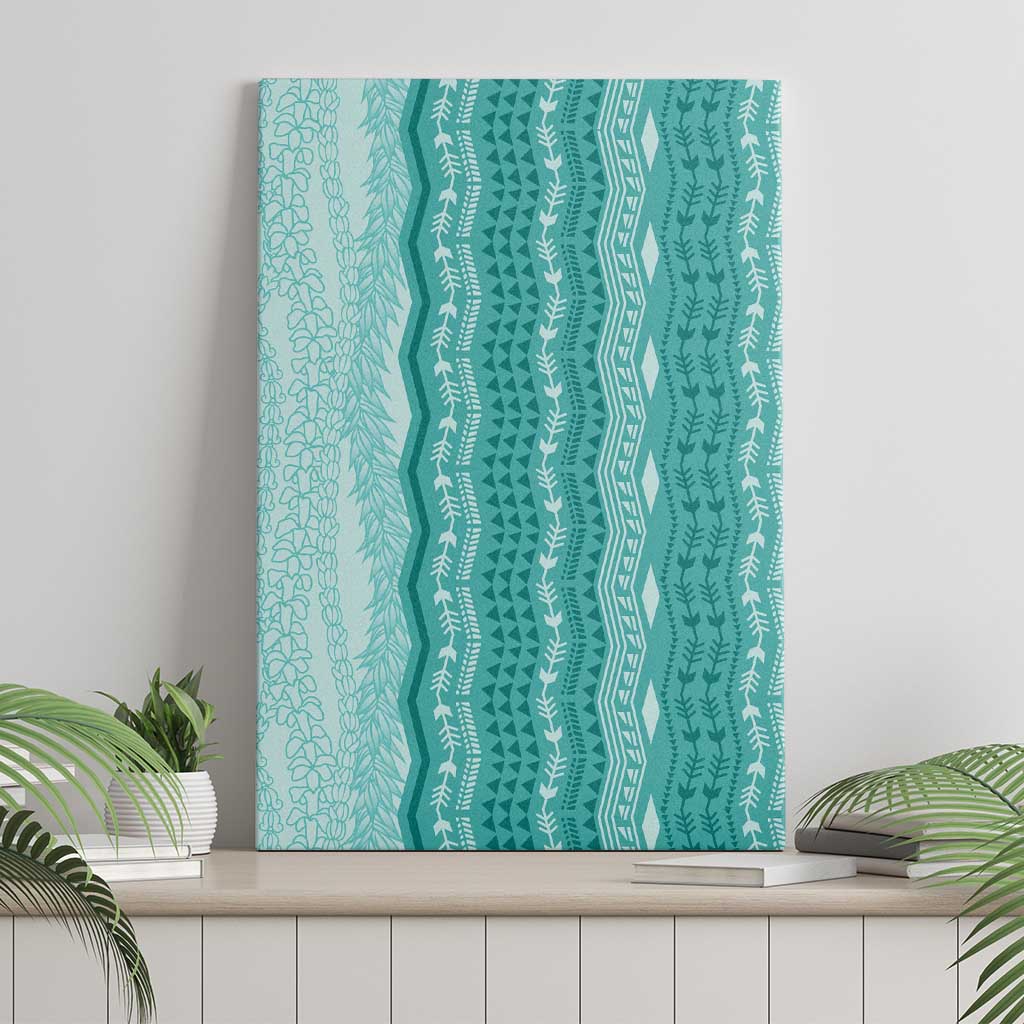 Vintage Teal Hawaiian Traditional Kapa Mix Flowers Lei Canvas Wall Art