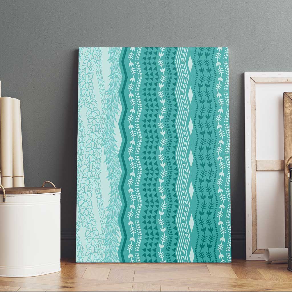Vintage Teal Hawaiian Traditional Kapa Mix Flowers Lei Canvas Wall Art