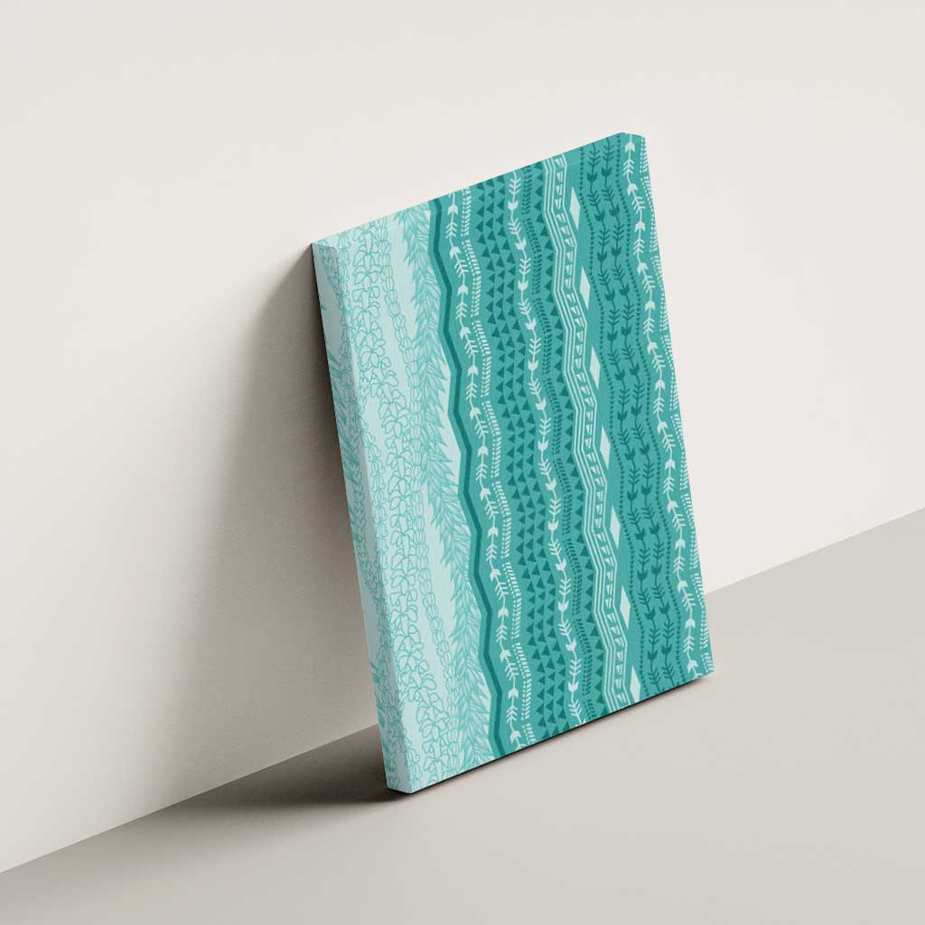 Vintage Teal Hawaiian Traditional Kapa Mix Flowers Lei Canvas Wall Art