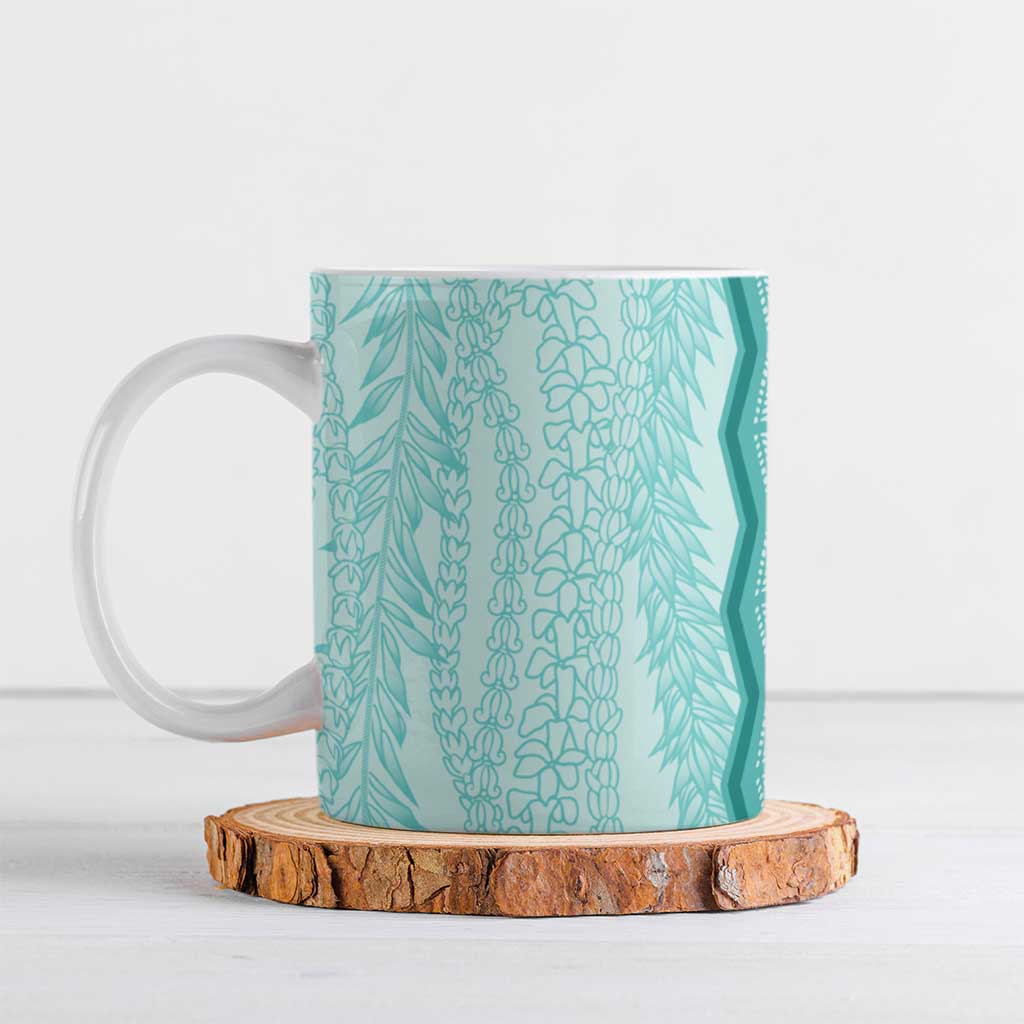 Vintage Teal Hawaiian Traditional Kapa Mix Flowers Lei Ceramic Mug LT7 Teal - Polynesian Pride