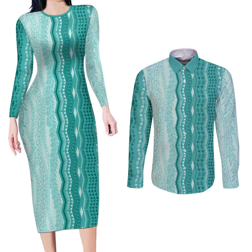 Vintage Teal Hawaiian Traditional Kapa Mix Flowers Lei Couples Matching Long Sleeve Bodycon Dress and Long Sleeve Button Shirt