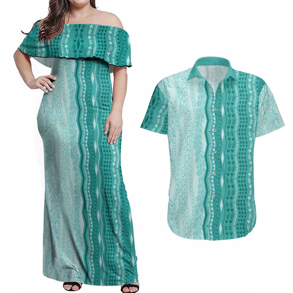 Vintage Teal Hawaiian Traditional Kapa Mix Flowers Lei Couples Matching Off Shoulder Maxi Dress and Hawaiian Shirt