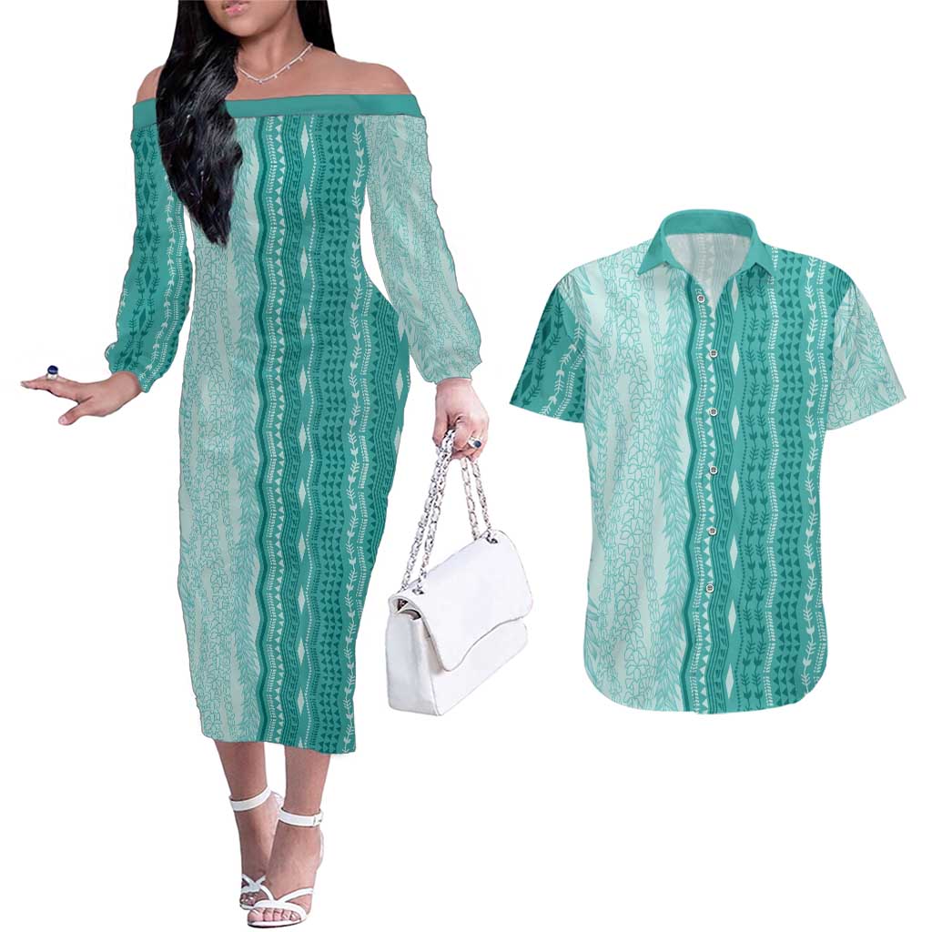 Vintage Teal Hawaiian Traditional Kapa Mix Flowers Lei Couples Matching Off The Shoulder Long Sleeve Dress and Hawaiian Shirt LT7 Teal - Polynesian Pride