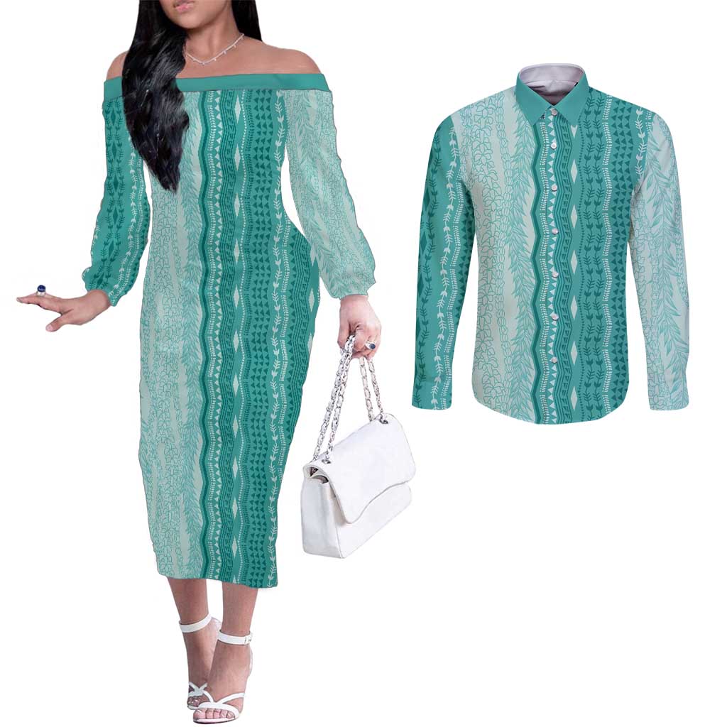 Vintage Teal Hawaiian Traditional Kapa Mix Flowers Lei Couples Matching Off The Shoulder Long Sleeve Dress and Long Sleeve Button Shirt LT7 Teal - Polynesian Pride