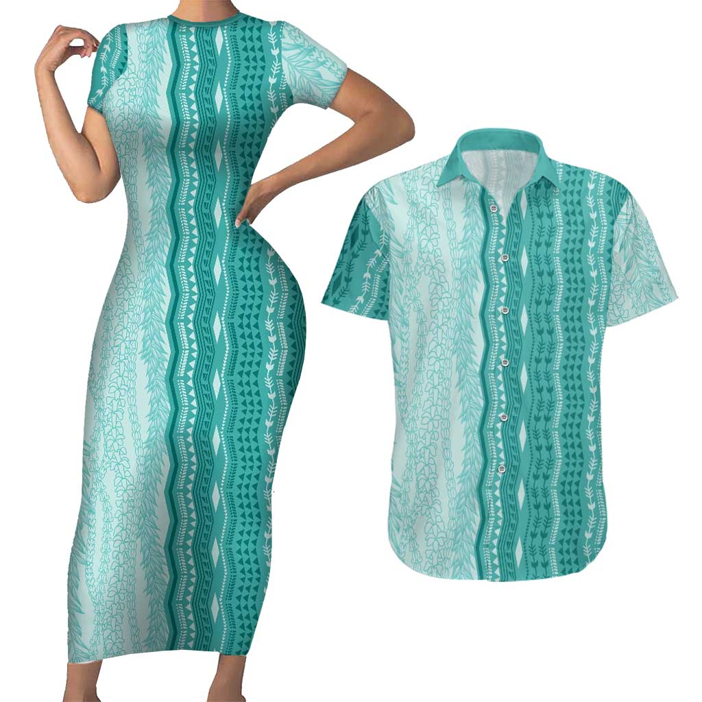 Vintage Teal Hawaiian Traditional Kapa Mix Flowers Lei Couples Matching Short Sleeve Bodycon Dress and Hawaiian Shirt