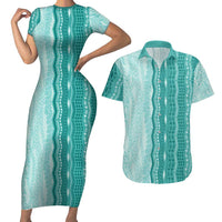 Vintage Teal Hawaiian Traditional Kapa Mix Flowers Lei Couples Matching Short Sleeve Bodycon Dress and Hawaiian Shirt