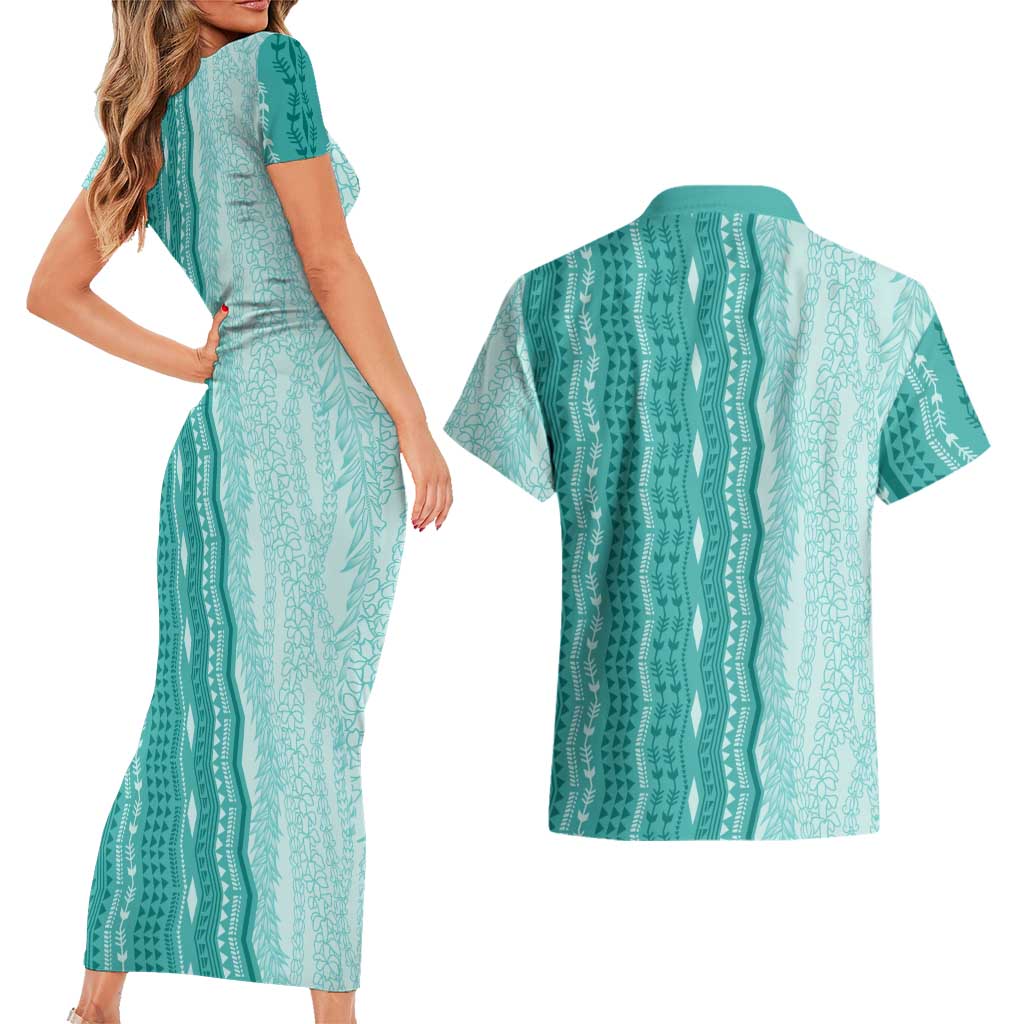 Vintage Teal Hawaiian Traditional Kapa Mix Flowers Lei Couples Matching Short Sleeve Bodycon Dress and Hawaiian Shirt