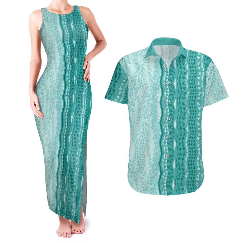 Vintage Teal Hawaiian Traditional Kapa Mix Flowers Lei Couples Matching Tank Maxi Dress and Hawaiian Shirt