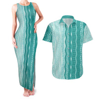 Vintage Teal Hawaiian Traditional Kapa Mix Flowers Lei Couples Matching Tank Maxi Dress and Hawaiian Shirt