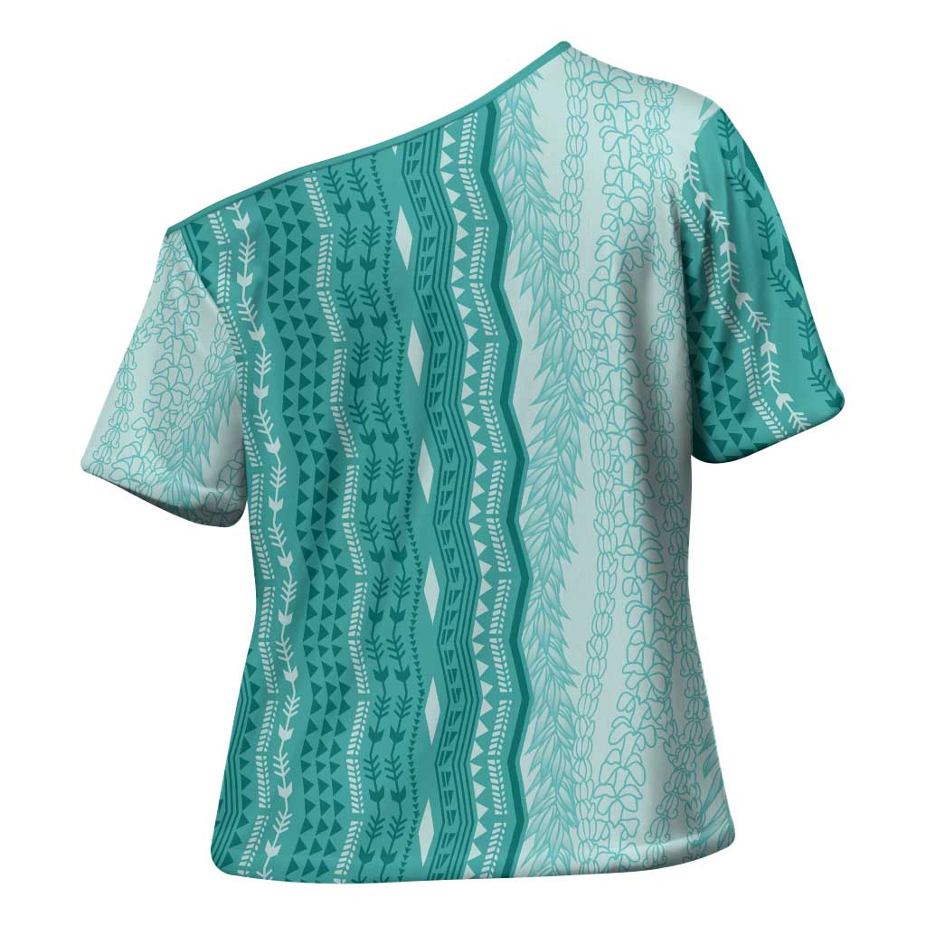 Vintage Teal Hawaiian Traditional Kapa Mix Flowers Lei Cross Shoulder Shirt LT7 - Polynesian Pride