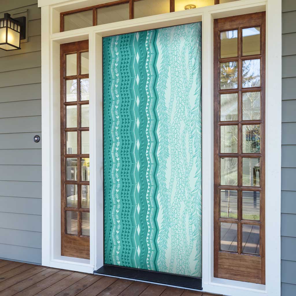 Vintage Teal Hawaiian Traditional Kapa Mix Flowers Lei Door Cover