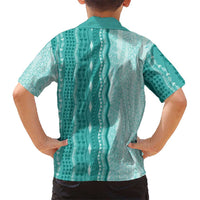 Vintage Teal Hawaiian Traditional Kapa Mix Flowers Lei Family Matching Long Sleeve Bodycon Dress and Hawaiian Shirt