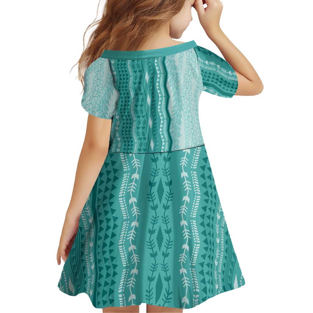Vintage Teal Hawaiian Traditional Kapa Mix Flowers Lei Family Matching Long Sleeve Bodycon Dress and Hawaiian Shirt
