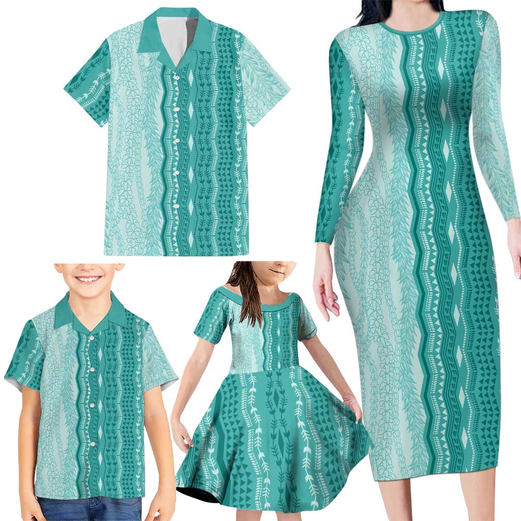 Vintage Teal Hawaiian Traditional Kapa Mix Flowers Lei Family Matching Long Sleeve Bodycon Dress and Hawaiian Shirt