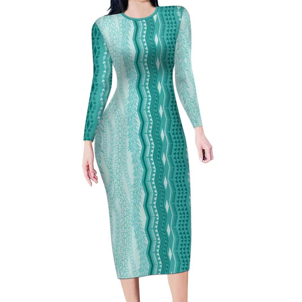 Vintage Teal Hawaiian Traditional Kapa Mix Flowers Lei Family Matching Long Sleeve Bodycon Dress and Hawaiian Shirt