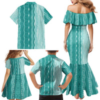 Vintage Teal Hawaiian Traditional Kapa Mix Flowers Lei Family Matching Mermaid Dress and Hawaiian Shirt