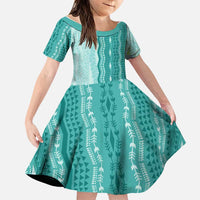 Vintage Teal Hawaiian Traditional Kapa Mix Flowers Lei Family Matching Off The Shoulder Long Sleeve Dress and Hawaiian Shirt