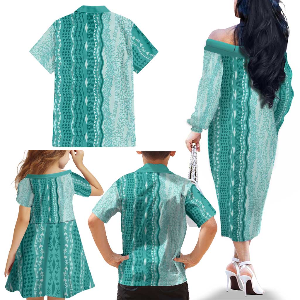 Vintage Teal Hawaiian Traditional Kapa Mix Flowers Lei Family Matching Off The Shoulder Long Sleeve Dress and Hawaiian Shirt