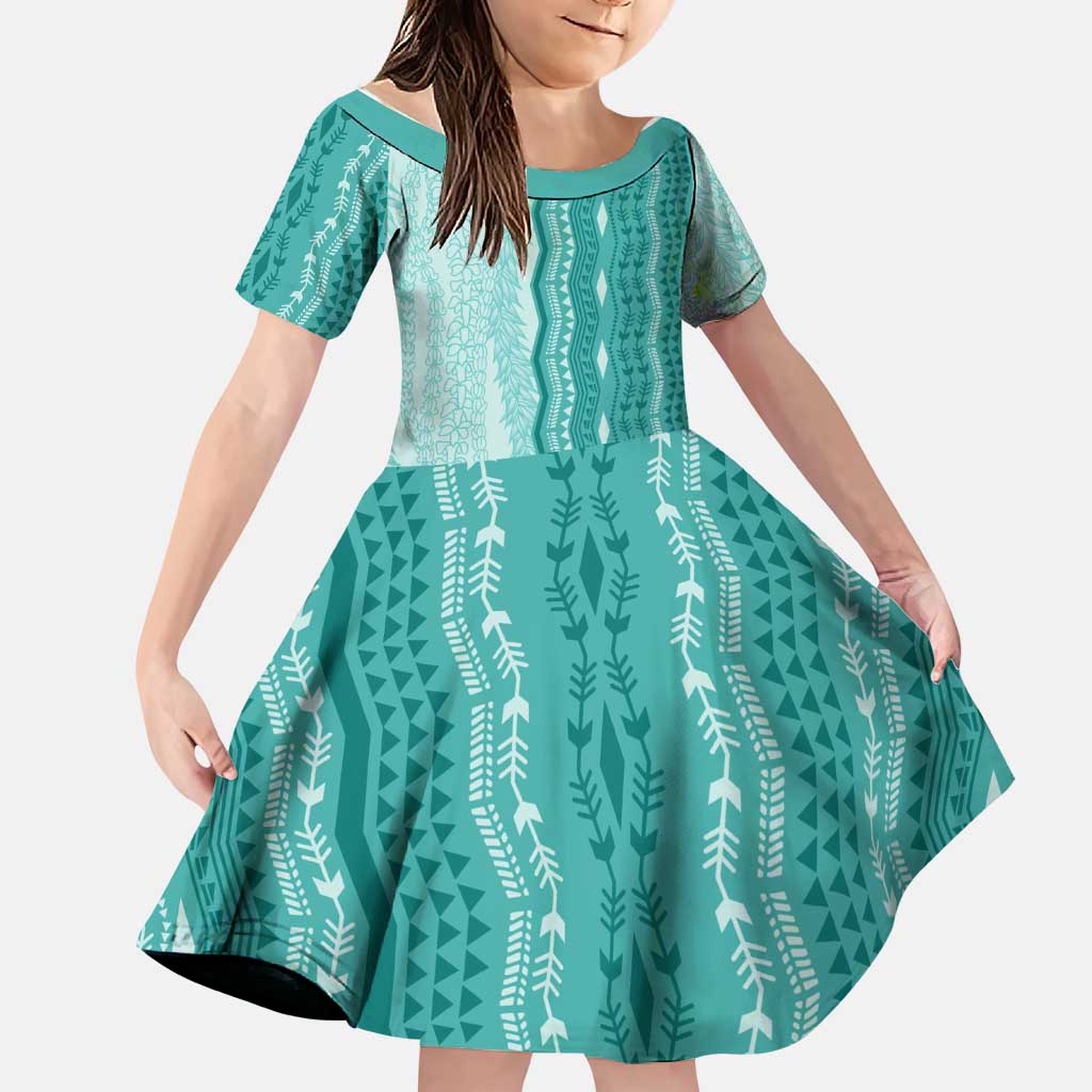 Vintage Teal Hawaiian Traditional Kapa Mix Flowers Lei Family Matching Off Shoulder Maxi Dress and Hawaiian Shirt